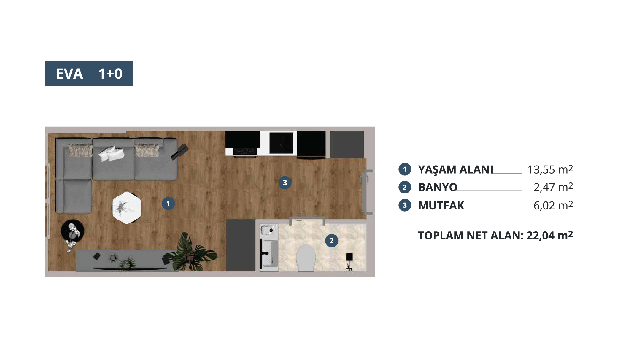 Sazak Grina 1+0 · Eva 1+0 daire planı